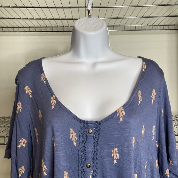 Ulla Popken Women's Blue Feather Print Button Front Tunic Top Size 16 Boho Flowy - Picture 7 of 11